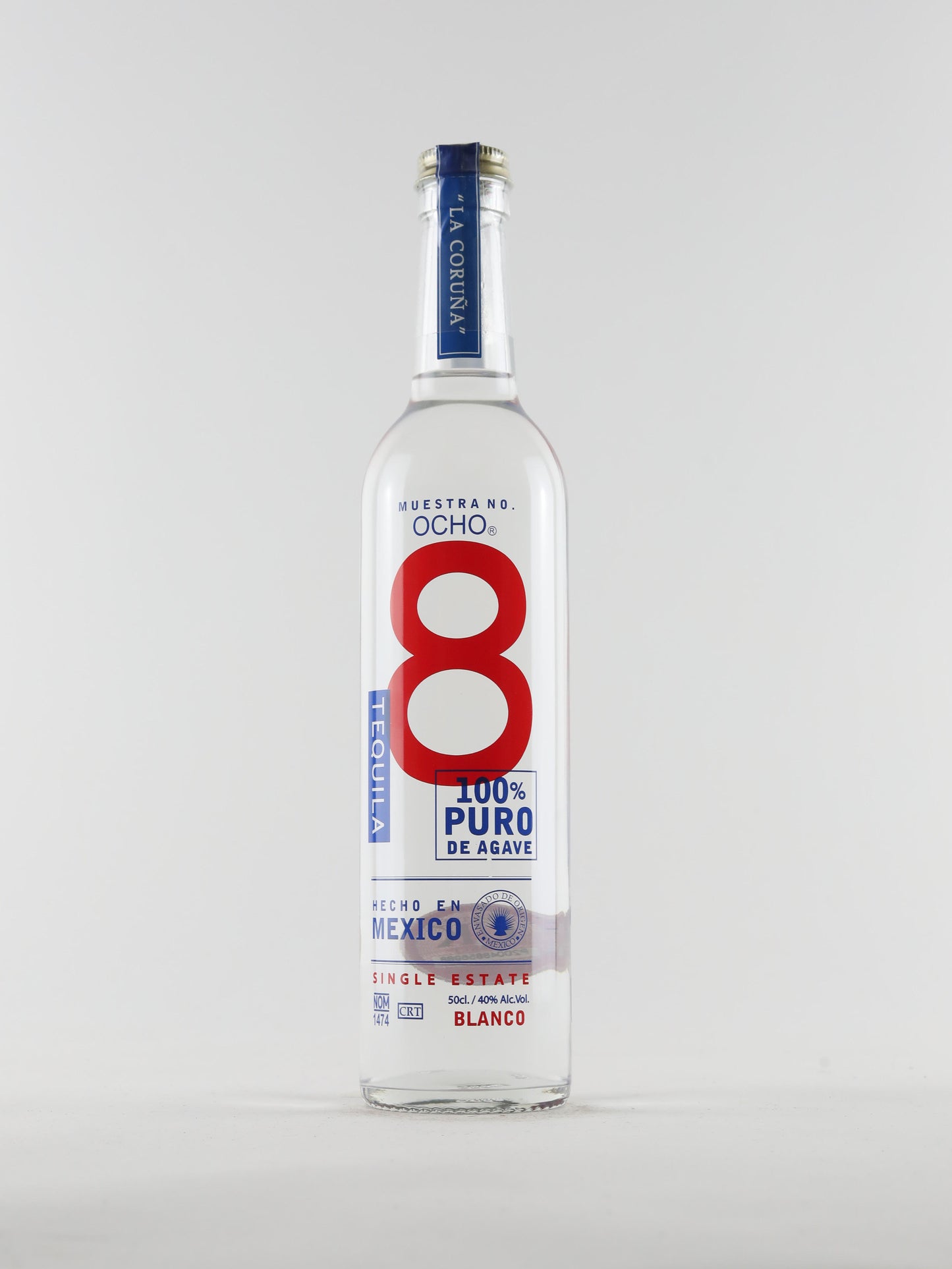 a 500ml bottle of Blanco tequila from Ocho. Produced in La Coruna in Jalisco.