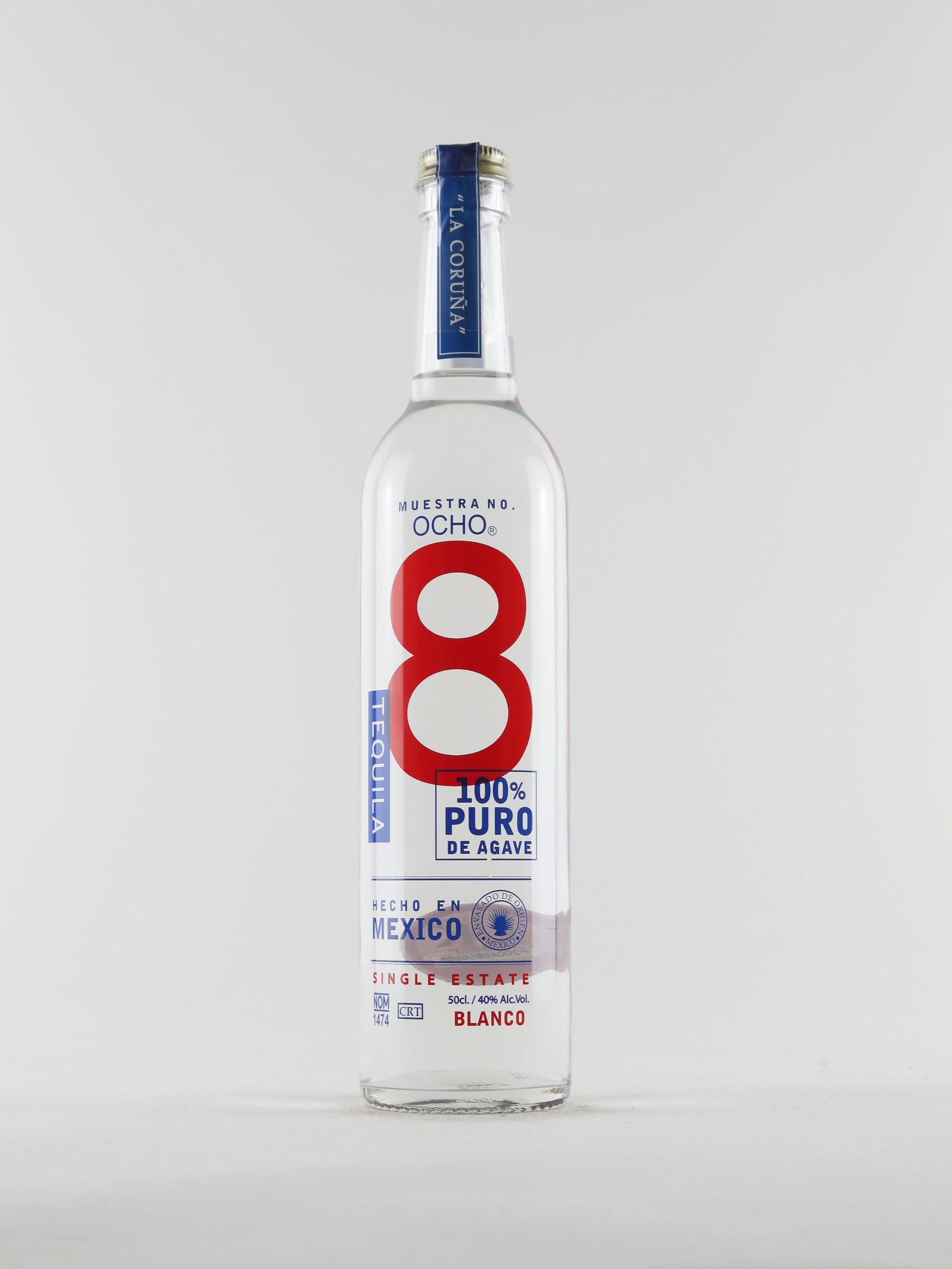 a 500ml bottle of Blanco tequila from Ocho. Produced in La Coruna in Jalisco.