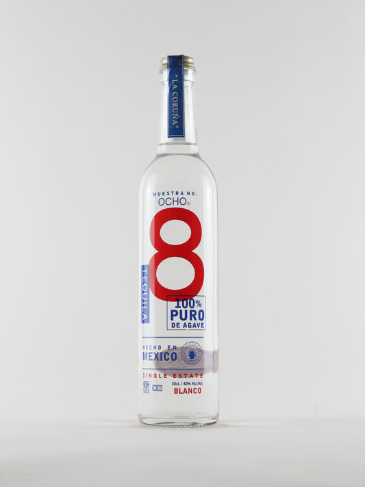 a 500ml bottle of Blanco tequila from Ocho. Produced in La Coruna in Jalisco.
